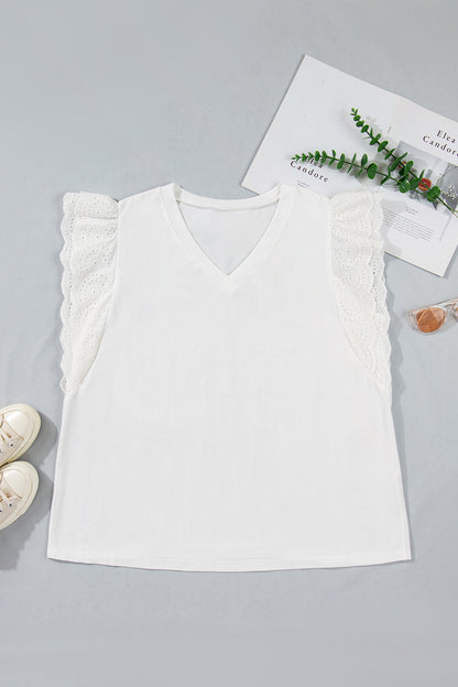 Plus Size Embroidered Eyelet Patchwork Short Sleeve Tee