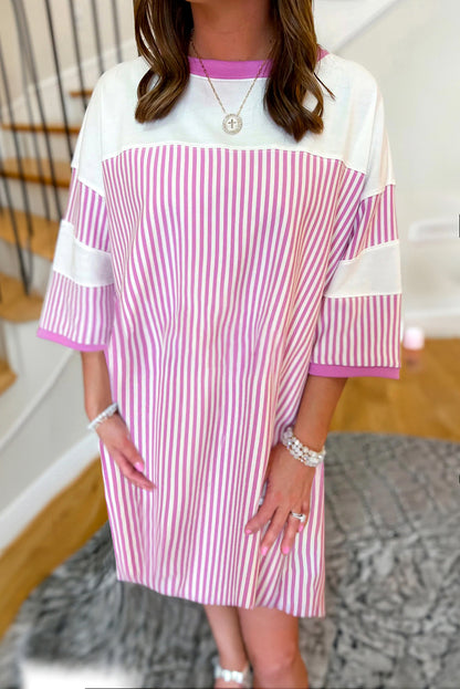 Stripe Patchwork 3/4 Sleeve Mini Dress