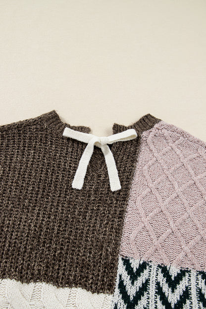 Plus Size Colorblock Cable Knit Tie Back Sweater