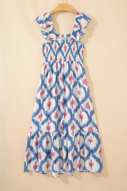 Boho Geometric Smocked Square Neck Ruffle Dress