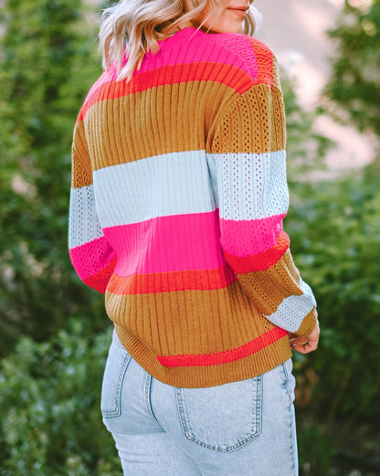 Colorblock Ribbed Button Front Sweater