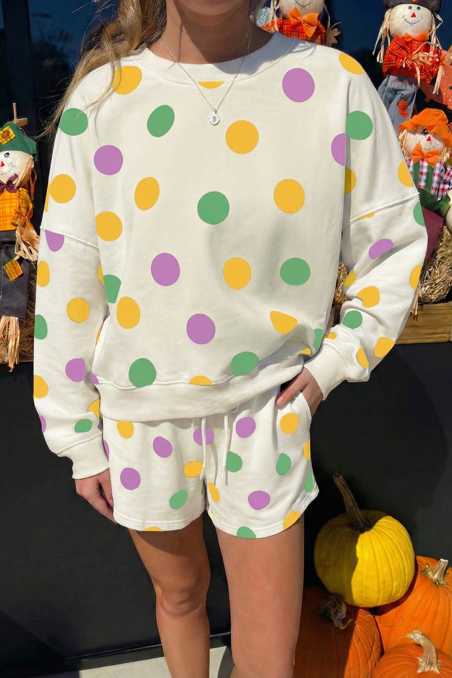 Polka Dot Pullover and Drawstring Shorts Set