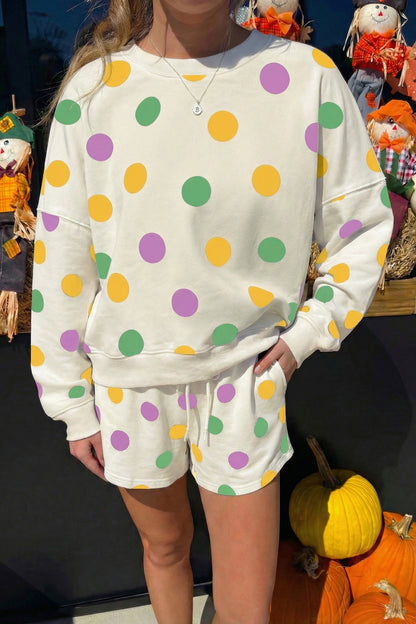 Polka Dot Pullover and Drawstring Shorts Set