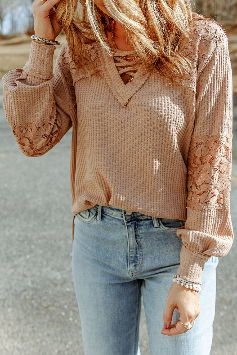 Lace Waffle Patchwork Long Sleeve Top