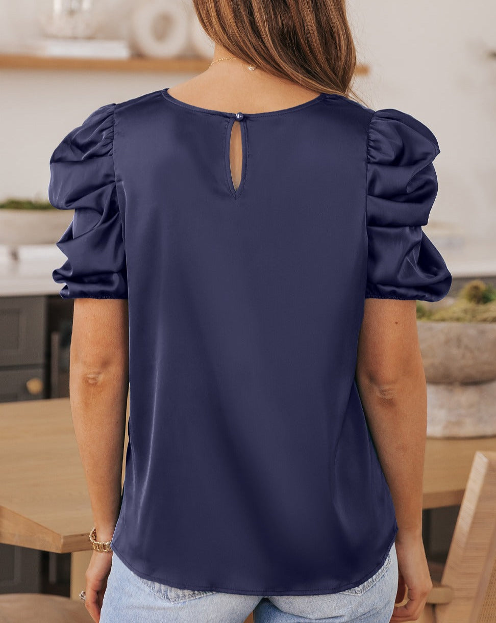 Satin Ruched Puff Sleeve Blouse