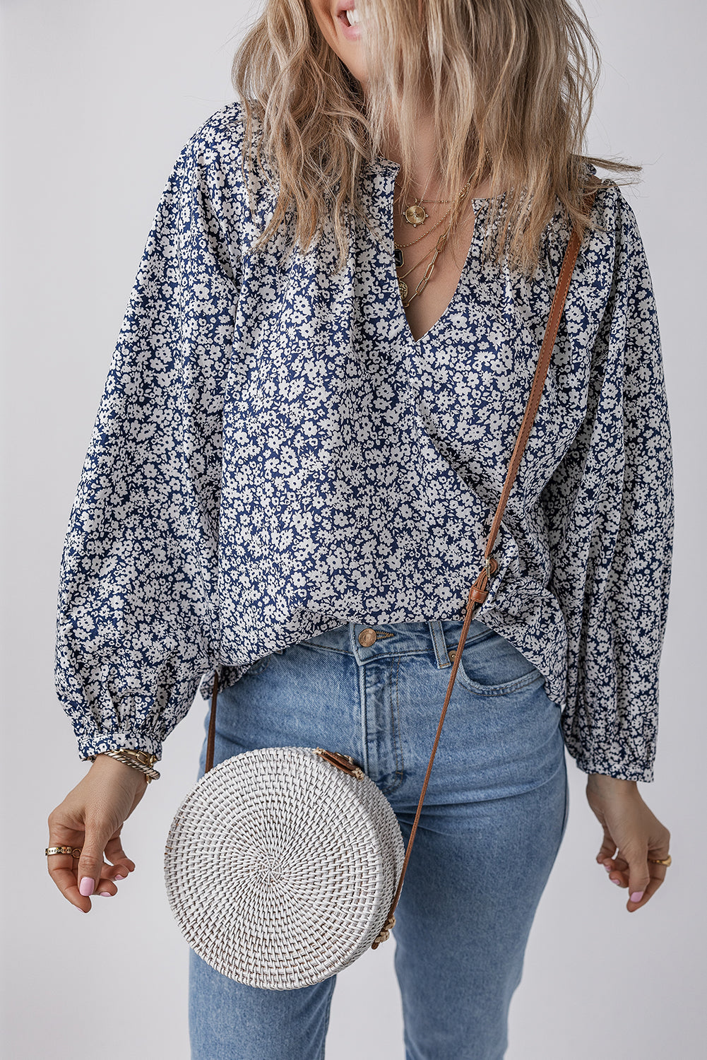 Floral Puff Sleeve V-Neck Blouse