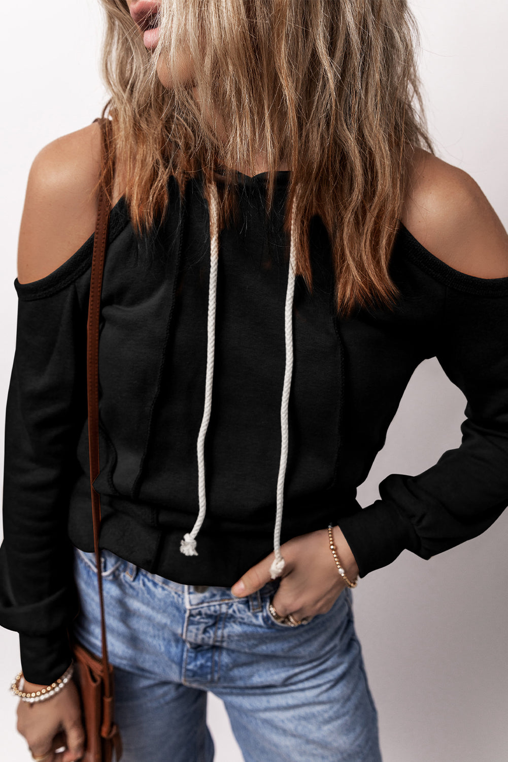 Cold Shoulder Drawstring Hoodie