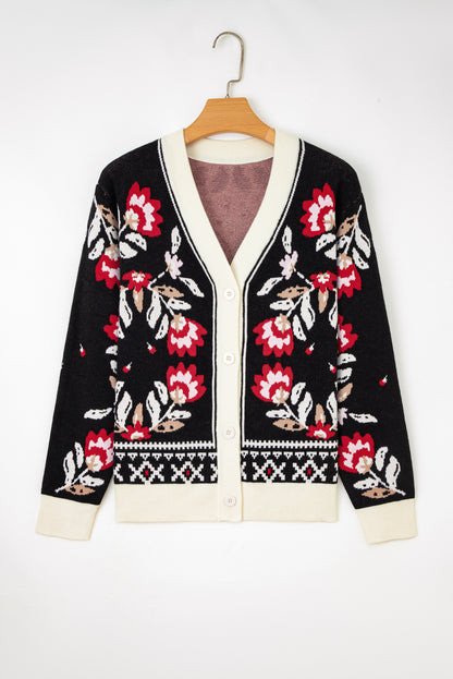 Floral Knit Button-Front V-Neck Cardigan