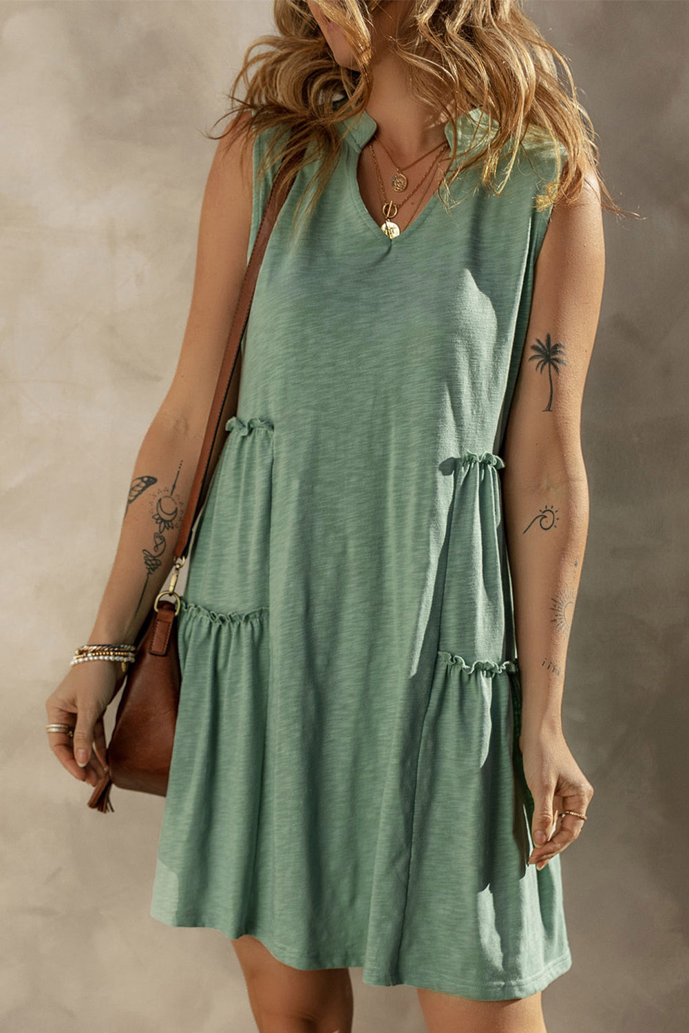 Split V-Neck Tiered Sleeveless Dress