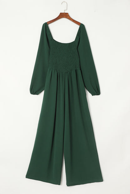 Smocked Long Sleeve Pocketed Jumpsuit