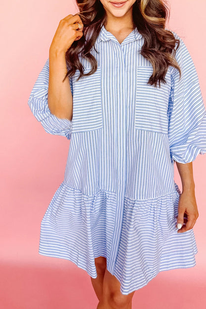 Stripe Bubble Sleeve Shirt Dress