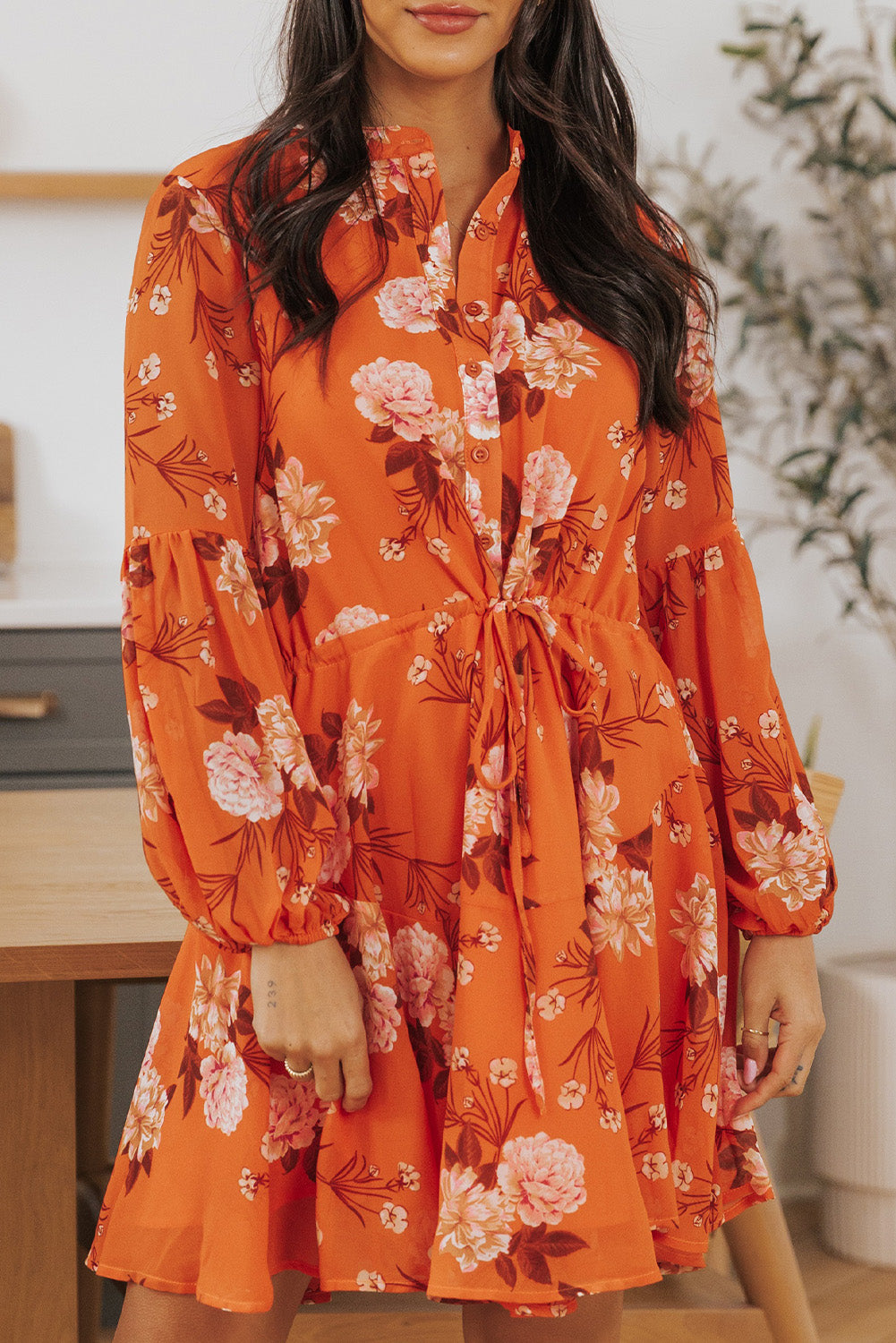 Floral Long Sleeve Buttoned Dress