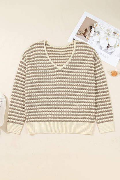 Plus Size Stripe V-Neck Drop Shoulder Sweater