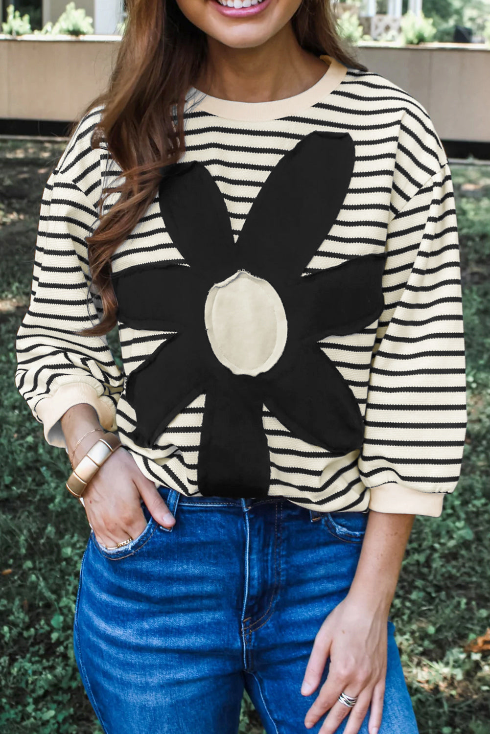 Stripe Floral Patched 3/4 Sleeve Top