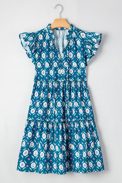 Floral Split Neck Ruffle Short Sleeve Dress