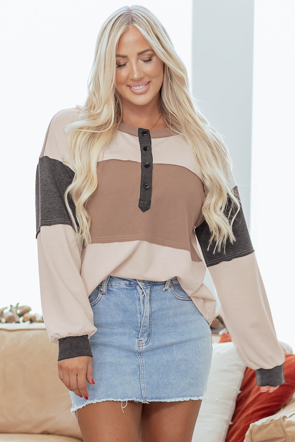 Colorblock Waffle Knit Patchwork Henley Top