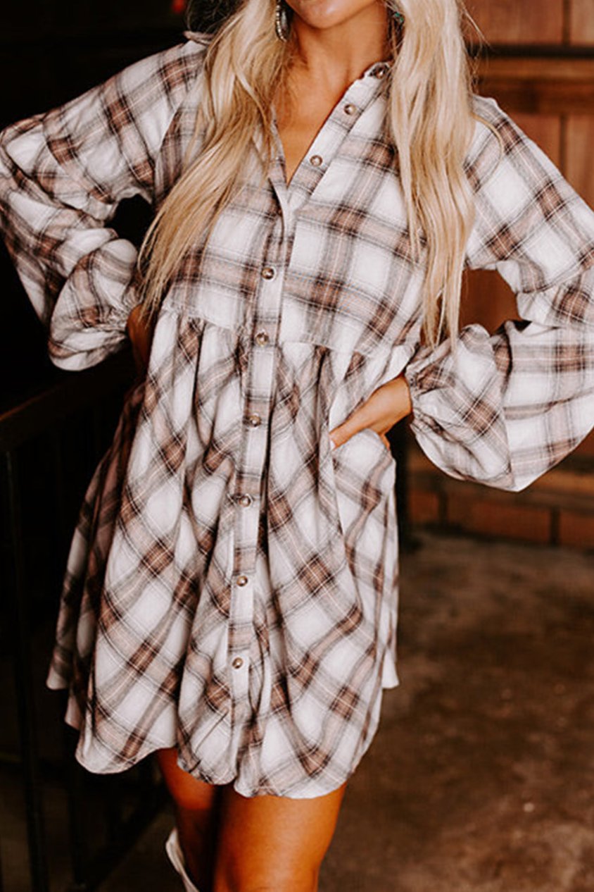 Plaid Bubble Sleeve Shirt Dress