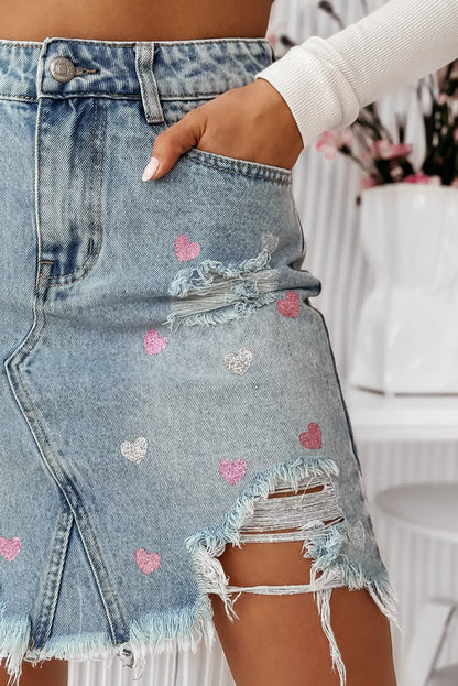 Denim Glitter Heart Mini Skirt