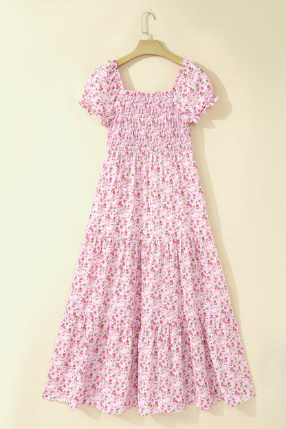 Floral Bubble Sleeve Shirred Waist Maxi Dress