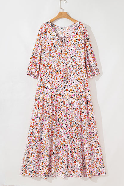 Boho Floral 3/4 Sleeve V‑Neck Maxi Dress