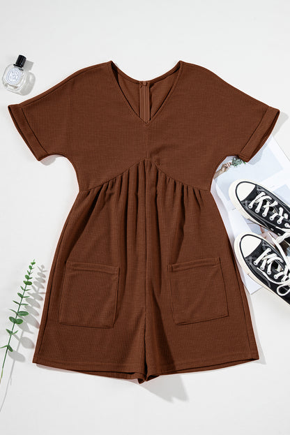 Solid Textured Knit V-Neck Zip Up Romper