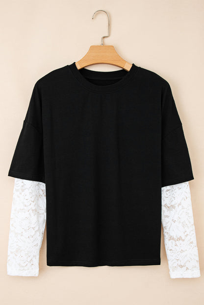 Lace Insert Long Sleeve Drop Shoulder Tee