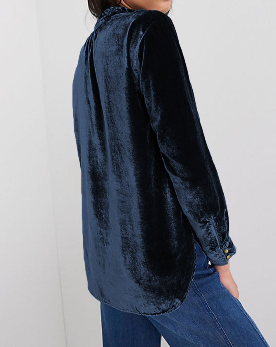 Velvet Frilled Neck Buttoned Top