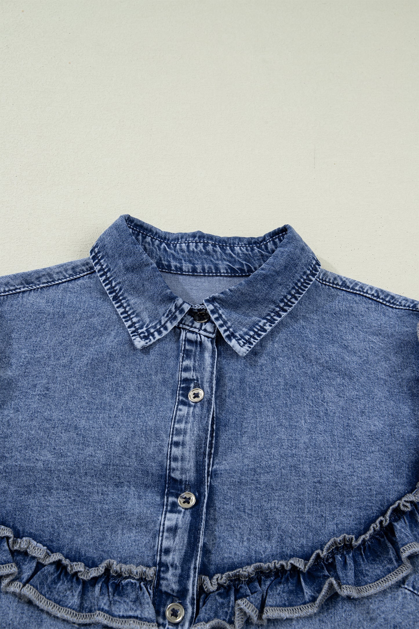 Denim Vintage Wash Ruffle Button-Down Shirt