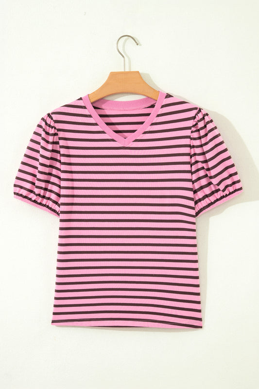 Stripe Ribbed Trim V-Neck Puff Sleeve Top