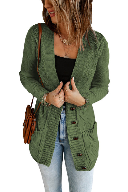 Cable Button Front Pocketed Cardigan