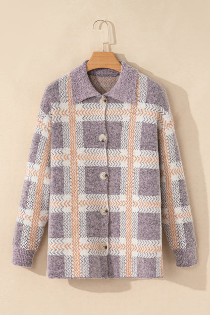 Plaid Button-Up Collared Fuzzy Cardigan