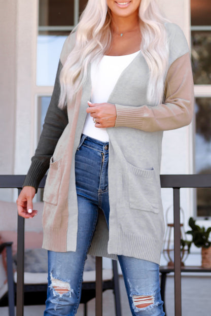 Colorblock Ribbed Trim Pocketed Cardigan