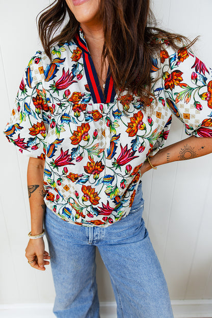 Floral Contrast V-Neck Puff Sleeve Blouse