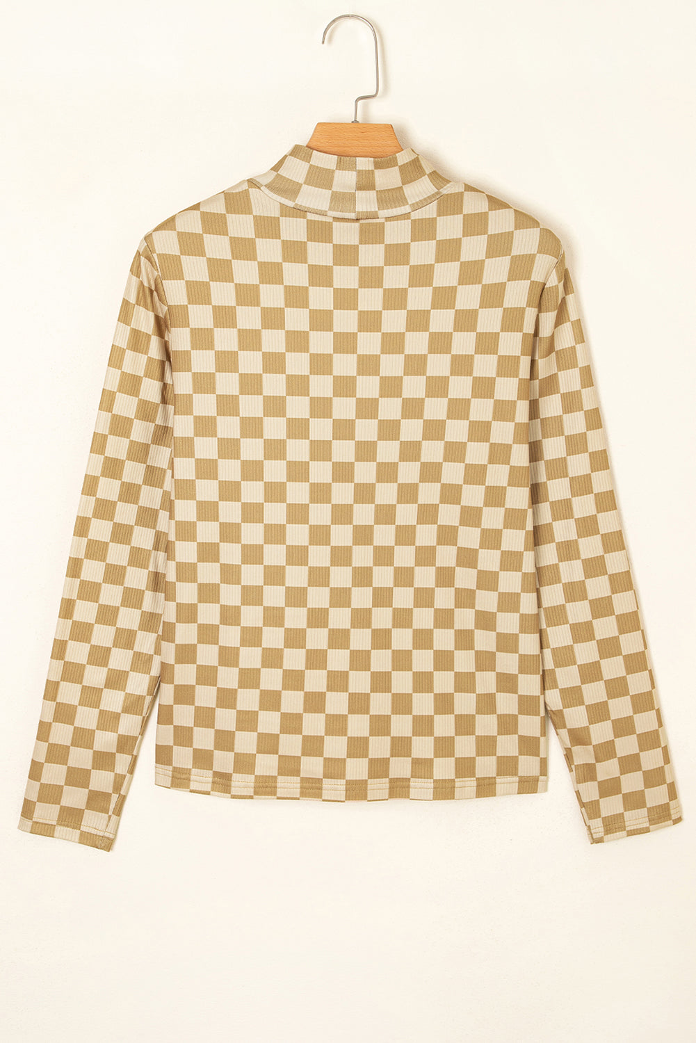 Checker Ribbed Knit Turtleneck Long Sleeve Tee
