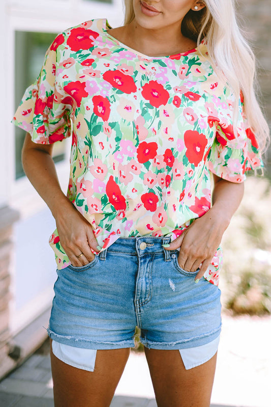 Floral Short Sleeve V Neck Top