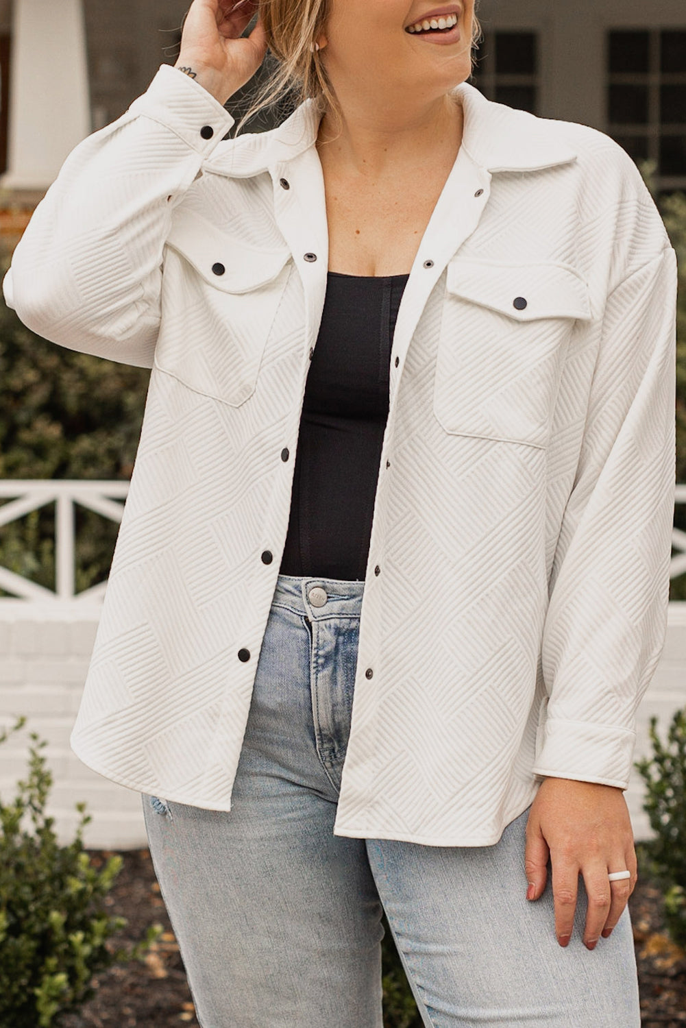 Plus Size Textured Flap Pocket Jacket