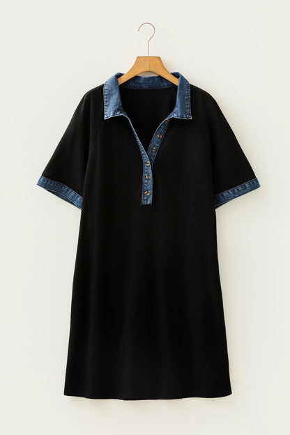 Plus Size Denim Colorblock Polo Collar Mini Dress