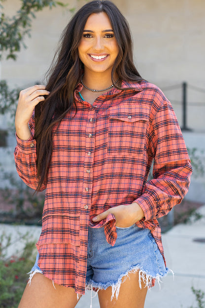 Plaid Button-Up Distressed Hem Long Sleeve Shirt