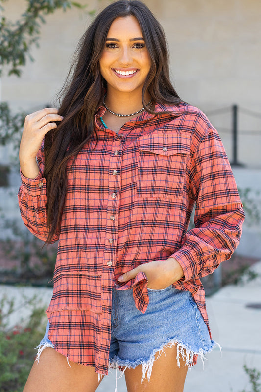 Plaid Button-Up Distressed Hem Long Sleeve Shirt