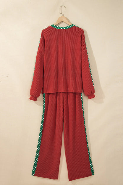 Leopard/Polka Dot Trim Long Sleeve Top & Pants Set