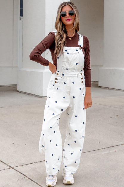 Polka Dot Denim Barrel Leg Overalls Jumpsuit