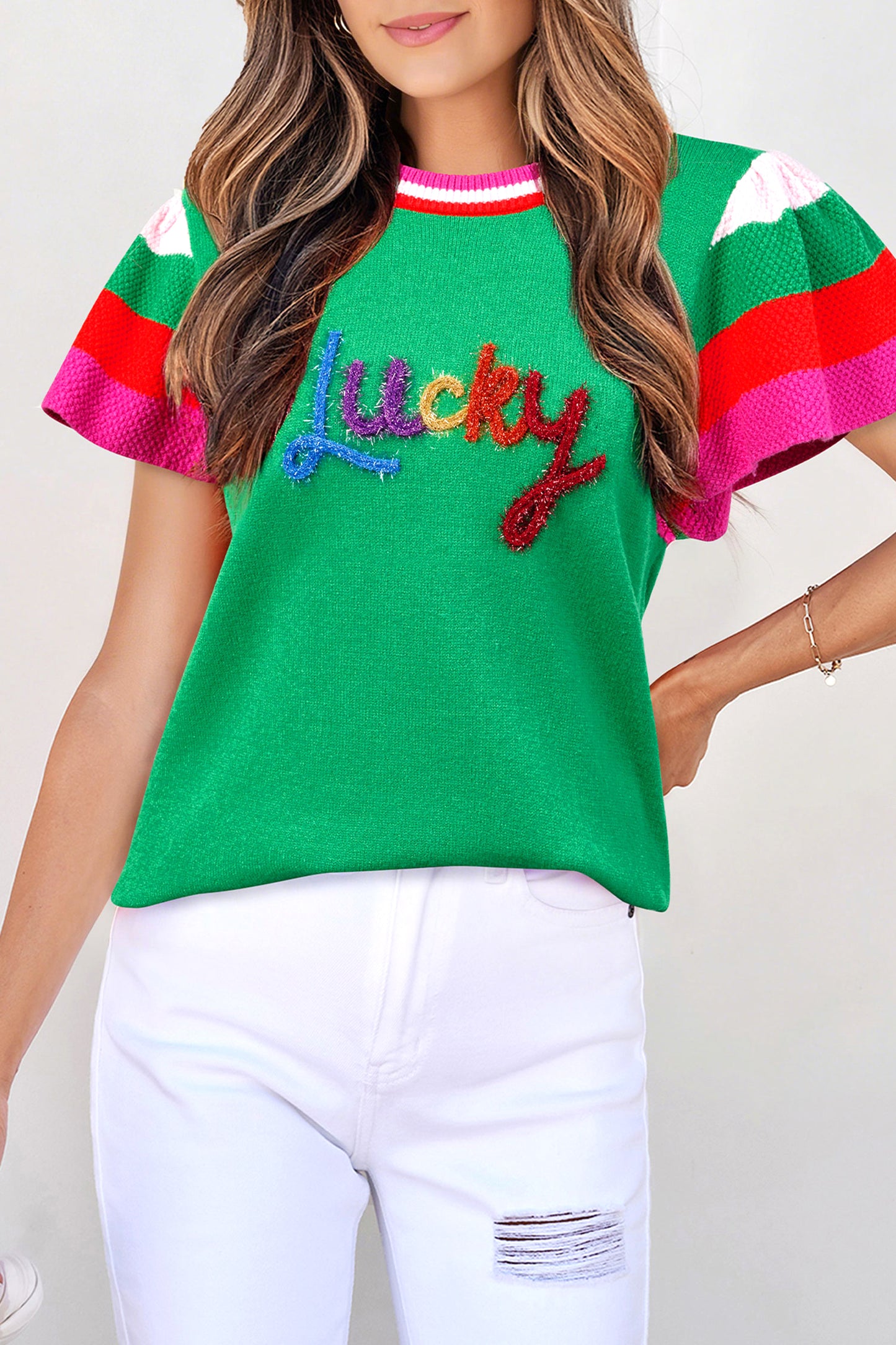 Lucky Stripe Flutter Sleeve Round Neck Sweater