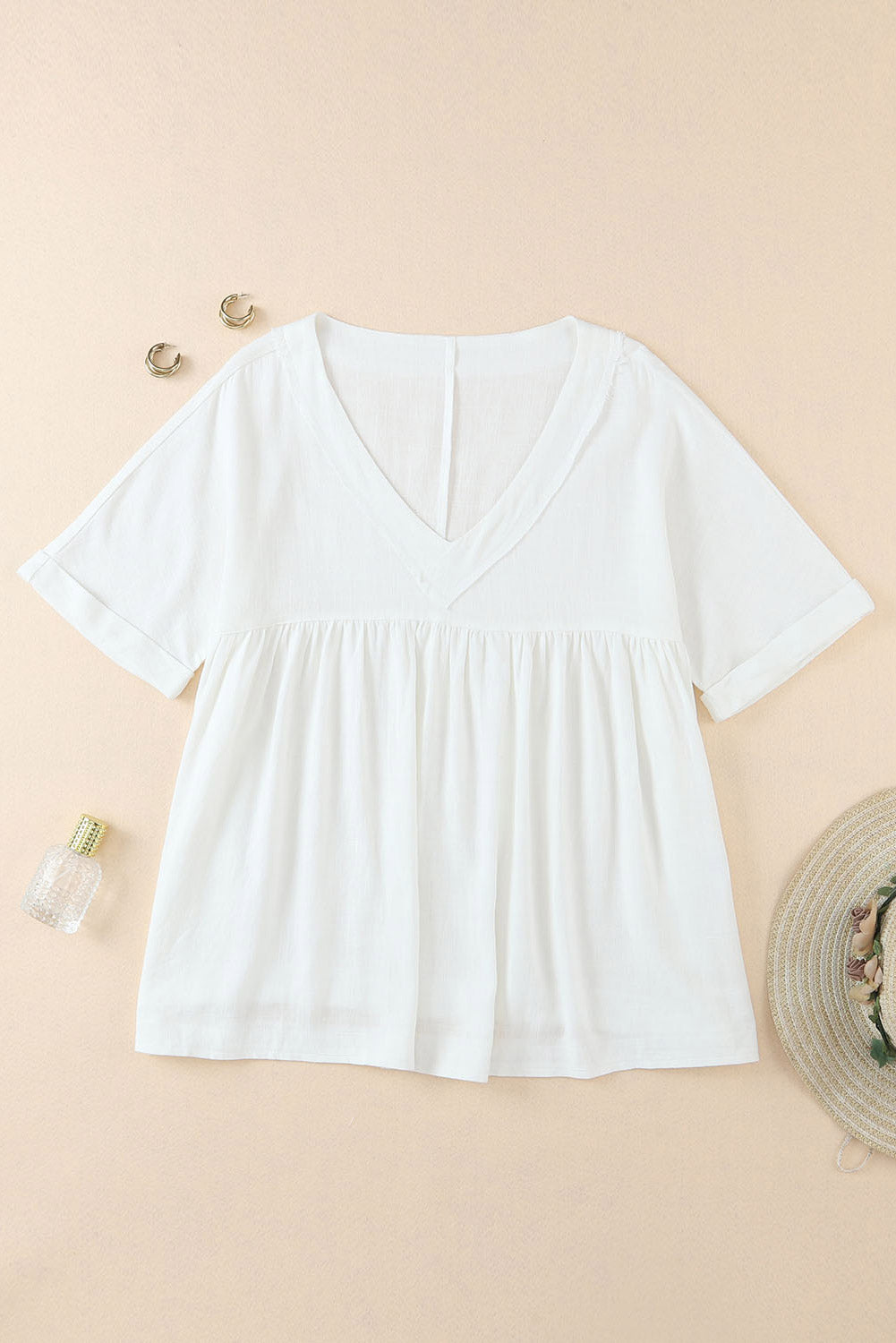 Linen Ruffle V-Neck Babydoll Blouse