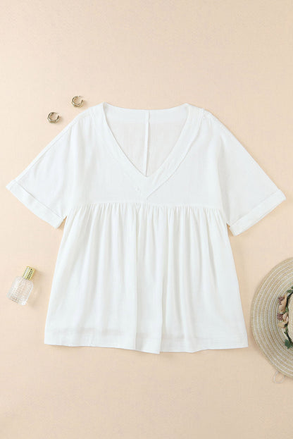 Linen Ruffle V-Neck Babydoll Blouse