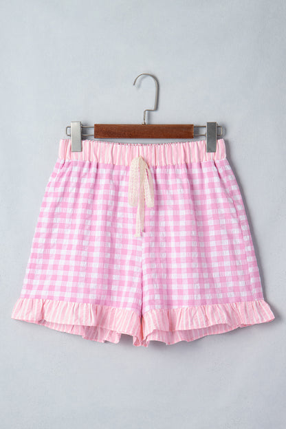 Gingham Ruffle Stripe Patchwork Lace Tie Shorts