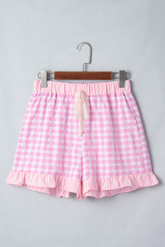 Gingham Ruffle Stripe Patchwork Lace Tie Shorts