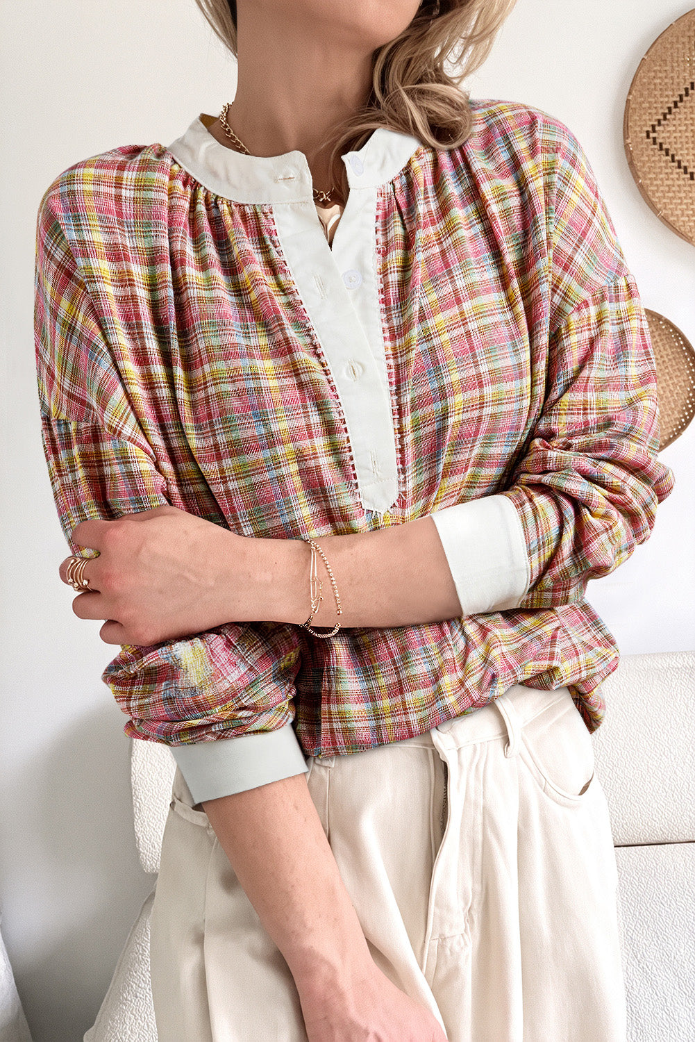 Plaid Patchwork Long Sleeve Blouse