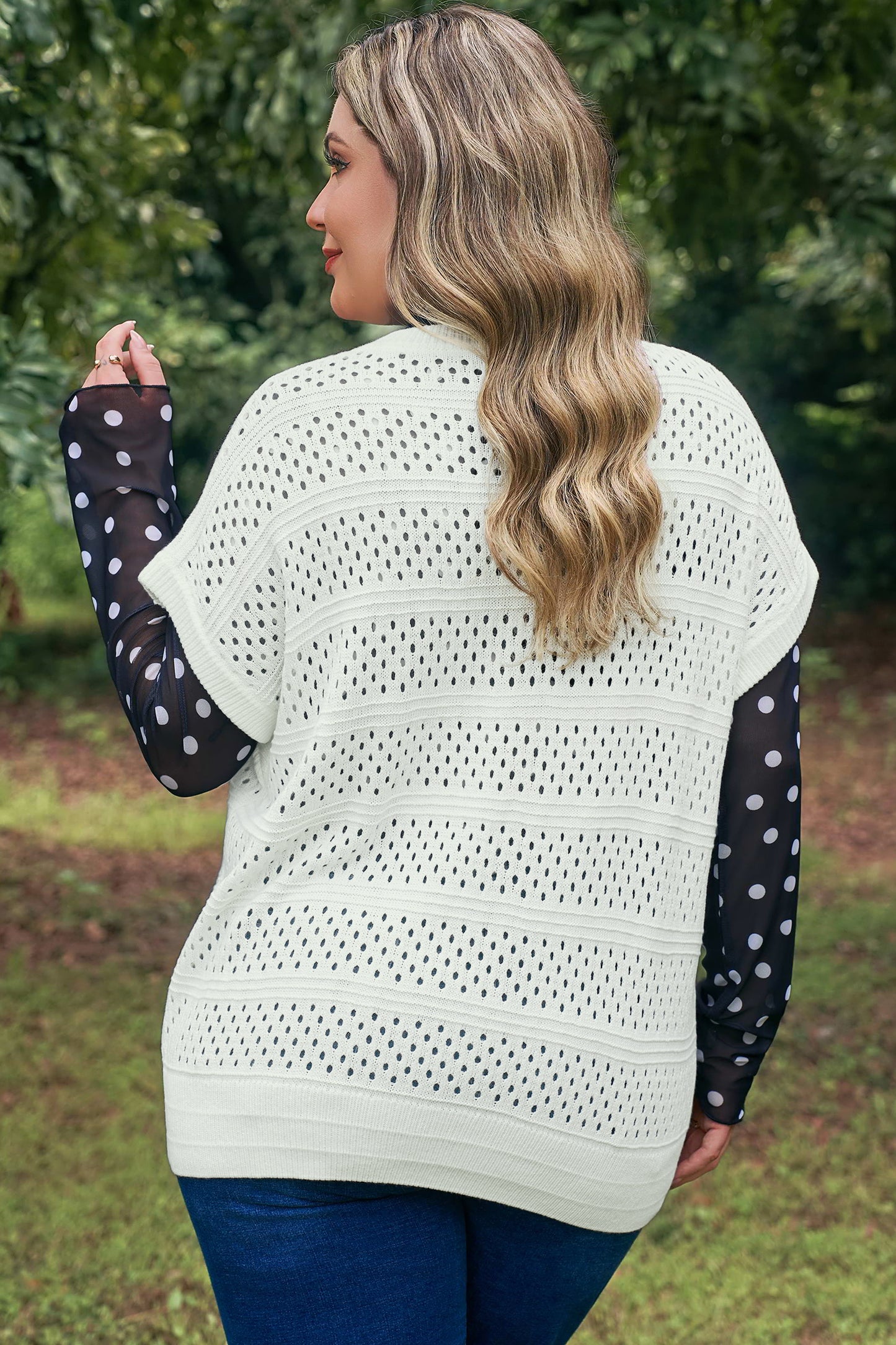 Plus Size Eyelet Hollow Out Dolman Knit Sweater