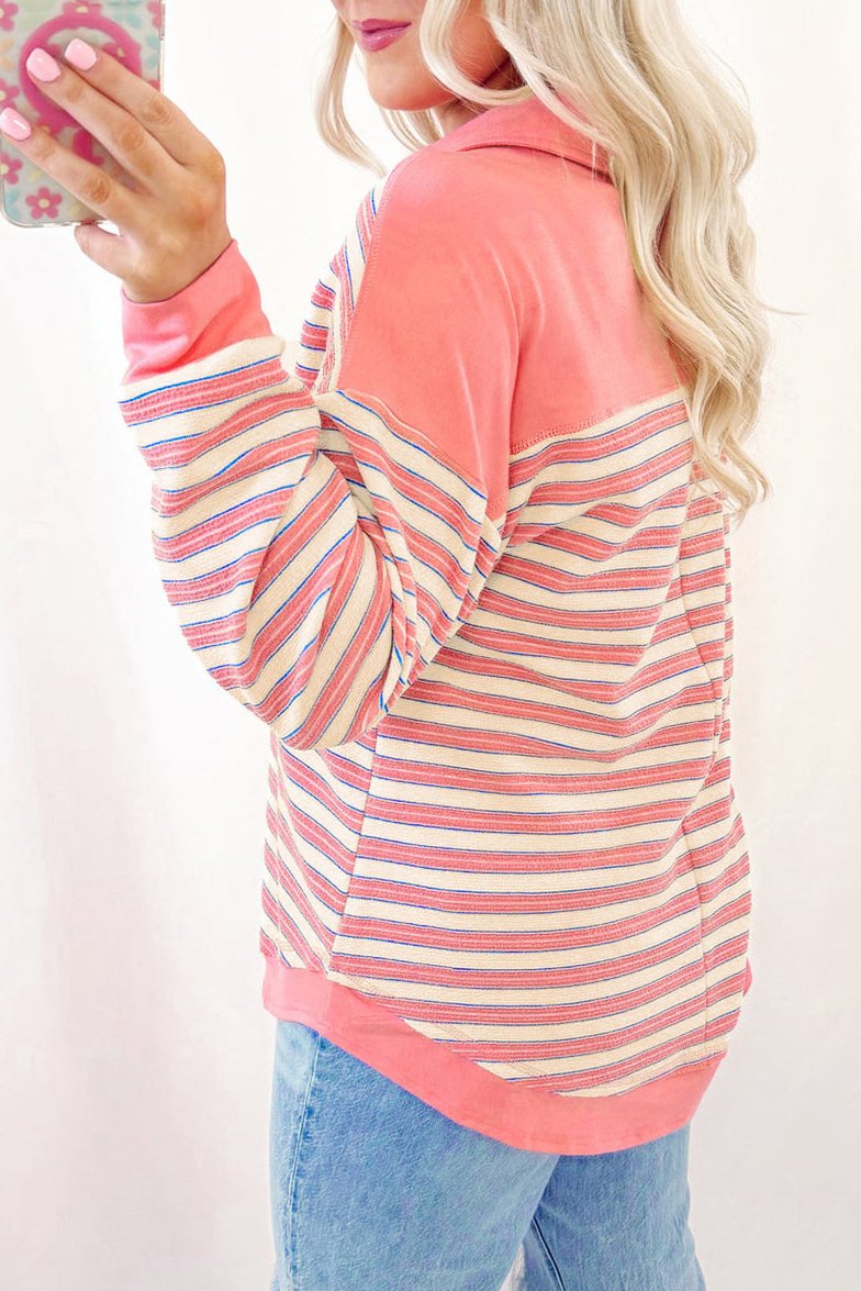 Stripe Buttoned V-Neck Collared Top