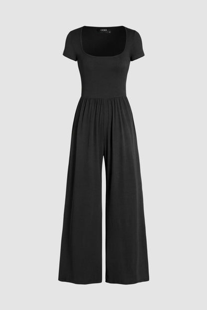 Pleated Scoop Neck Short Sleeve Jumpsuit